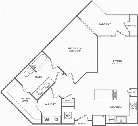 A floor plan of a home with a bedroom, bathroom, laundry, and kitchen.